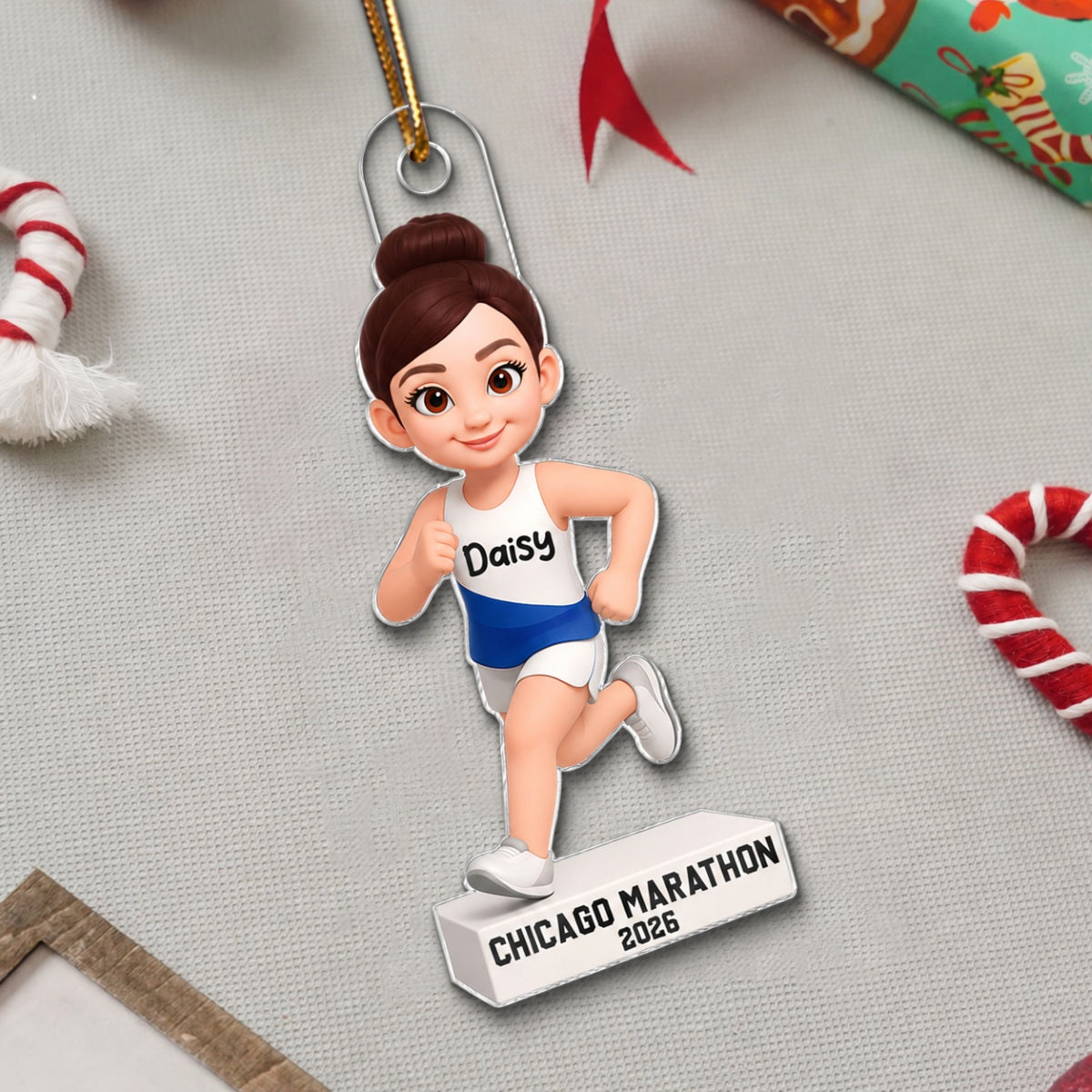 3D Effect Christmas Boy Girl Running - Personalized Acrylic Ornament - Gift For Runners, Running Lovers, Marathon Finishers, Grandson, Granddaughter