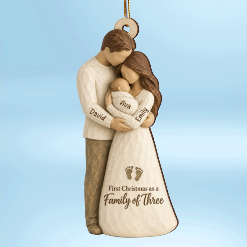 Family Of Three Standing 2D Flat Printed - Personalized Wooden Ornament - First Christmas Keepsake For New Parents