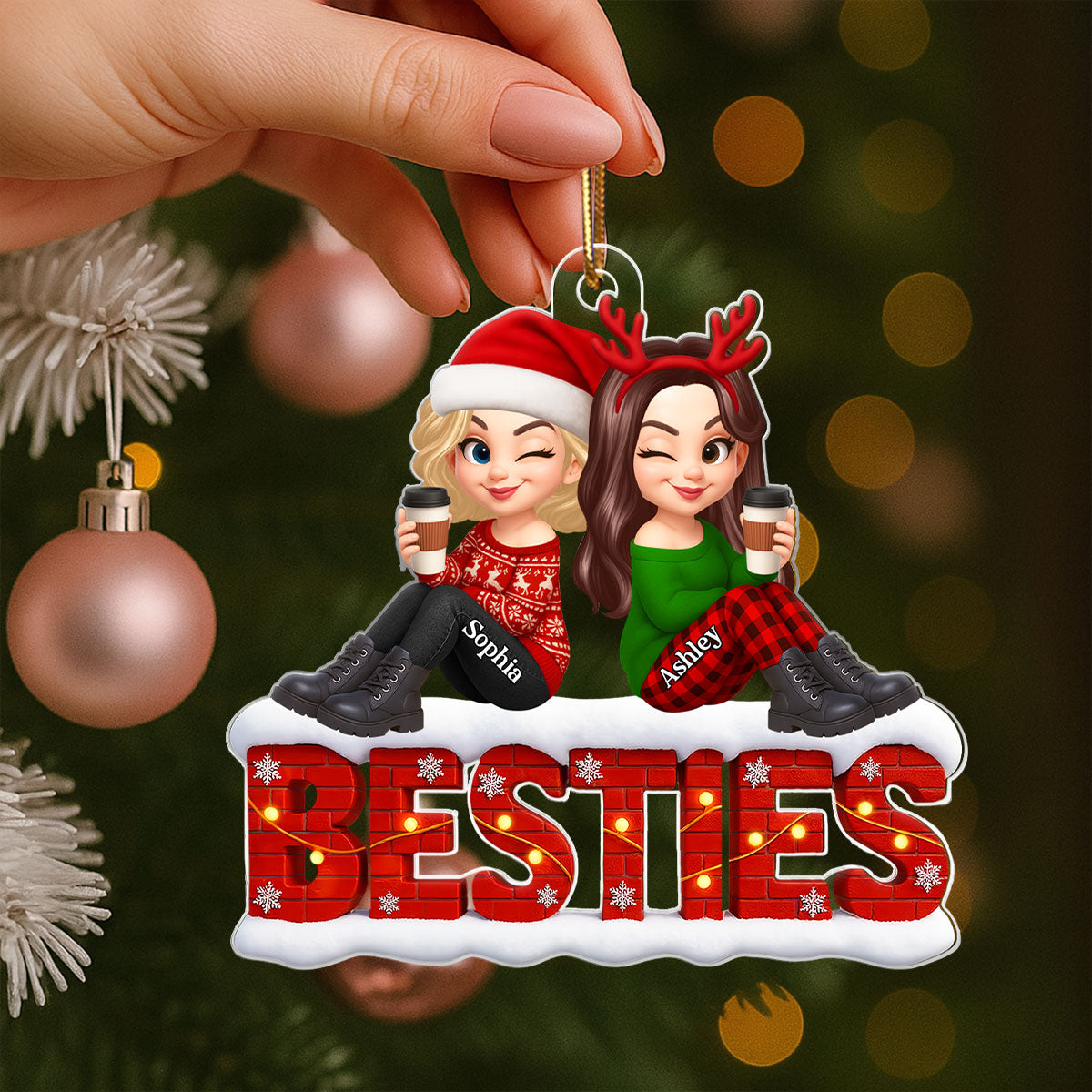 Snowy Brick Wall Besties Sisters Personalized Acrylic Ornament