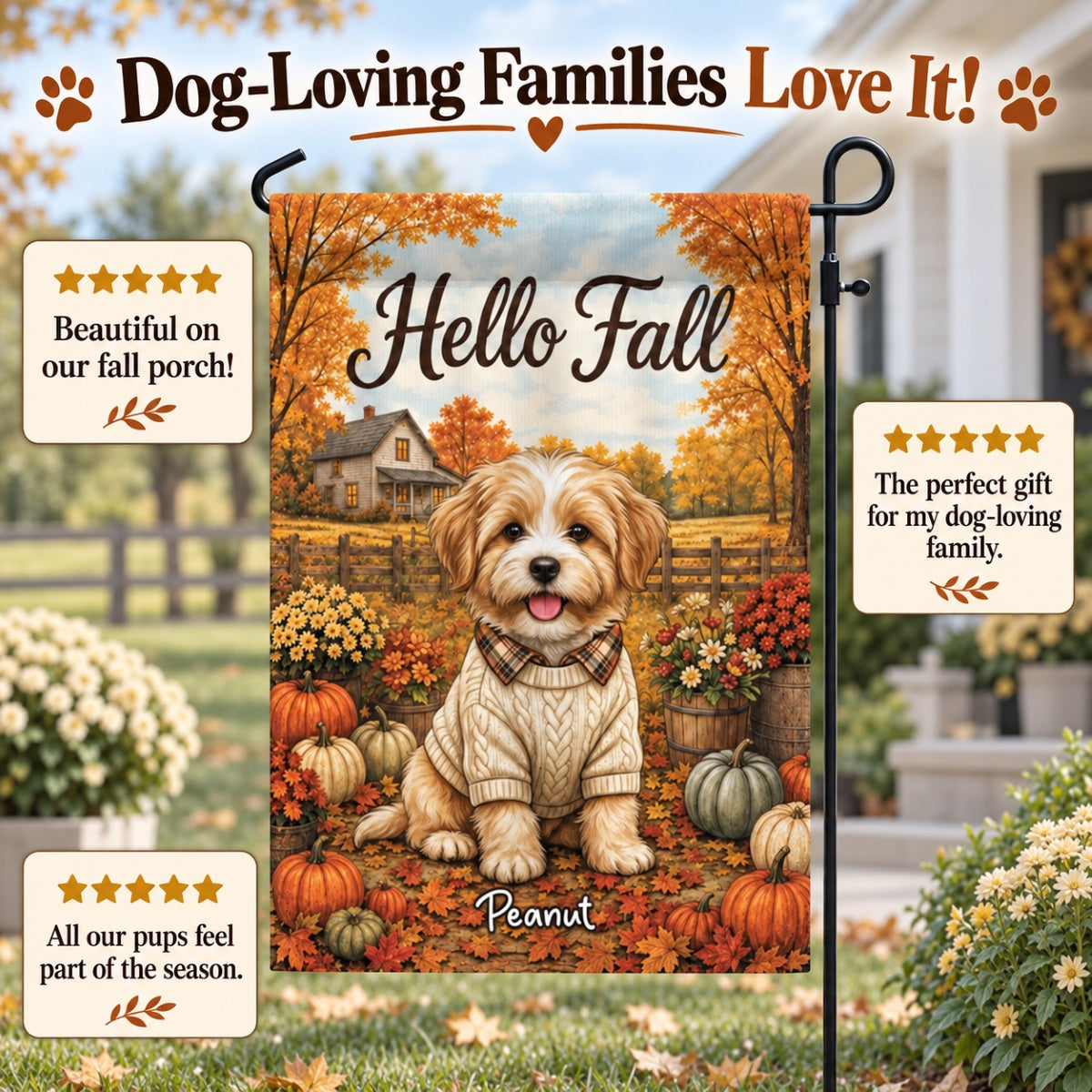 Vintage Dog Cat Hello Fall Photo Upload - Personalized Garden Flag - Fall Season Gift For Dog Mom, Cat Mom