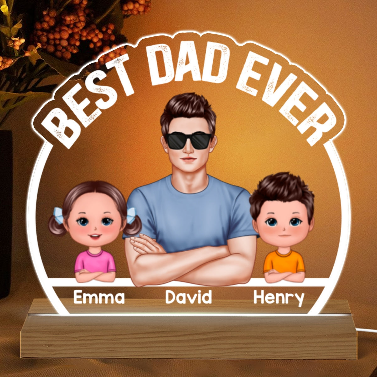 Dad And Doll Kids Best Dad Ever Personalized Custom Shape Acrylic LED Night Light
