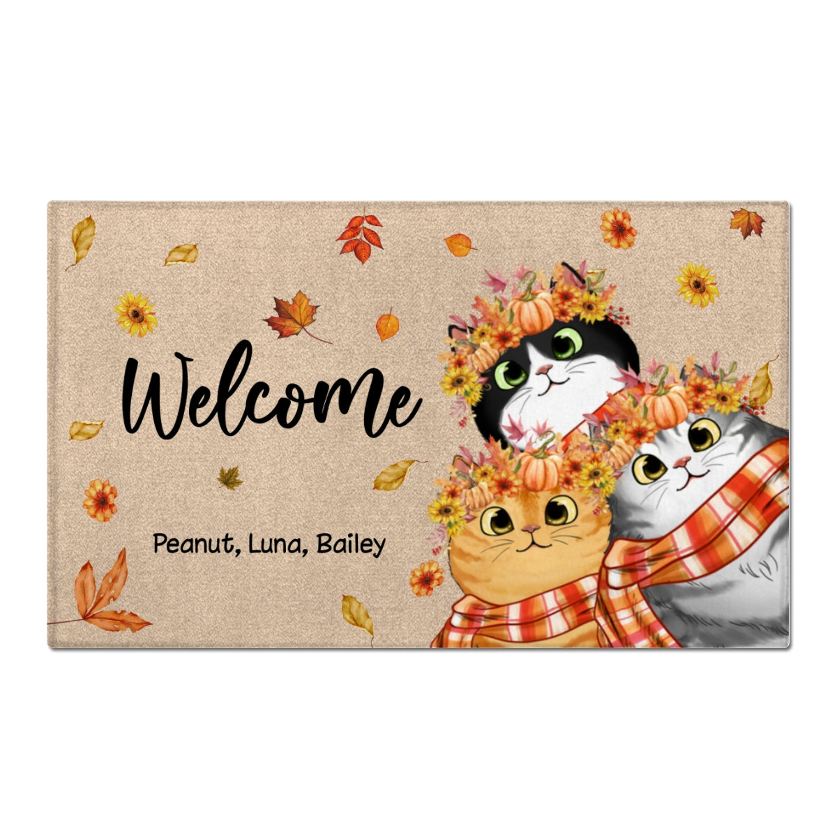 Hello Fall Cute Fluffy Cat - Personalized Doormat - Fall Season Decor For Cat Lover