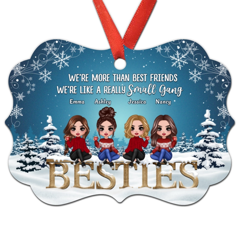 Doll Besties Sitting On Word Snow Blue Background Personalized Christmas Ornament