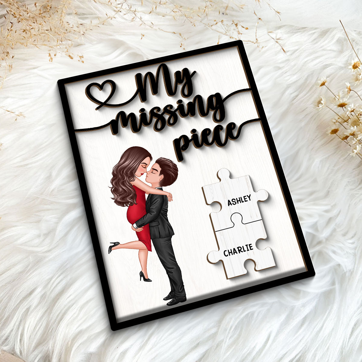 My Missing Piece Hugging Kissing Couple - Personalized 2-Layered Wooden Plaque - Anniversary Gift For Couple, For Dad Mom