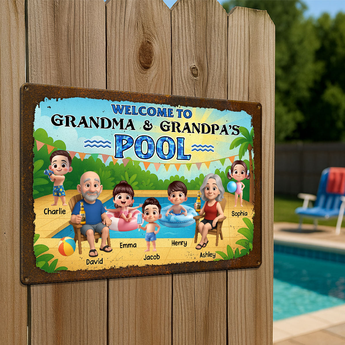 Welcome to Grandma & Grandpa's Pool Personalized Metal Sign, Grandparents Hosting Grandkids Summer Sign