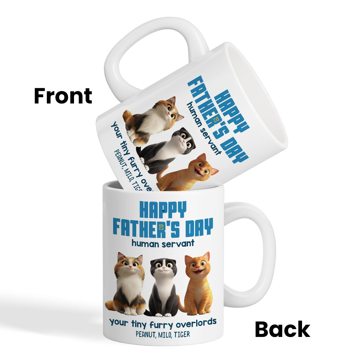 Happy Father's Day Human Servant Personalized Mug, Cute Cartoon Cats, Unique Father's Day Gift for Cat Dads