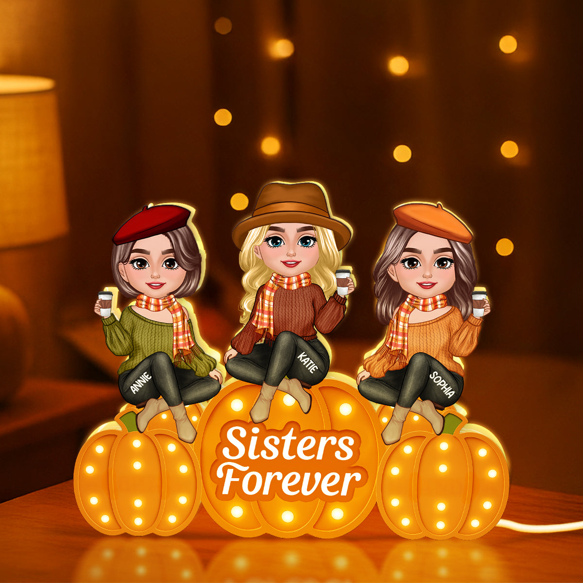 Fall Season Sisters On Marquee Pattern Texture Pumpkins Personalized LED Light Box