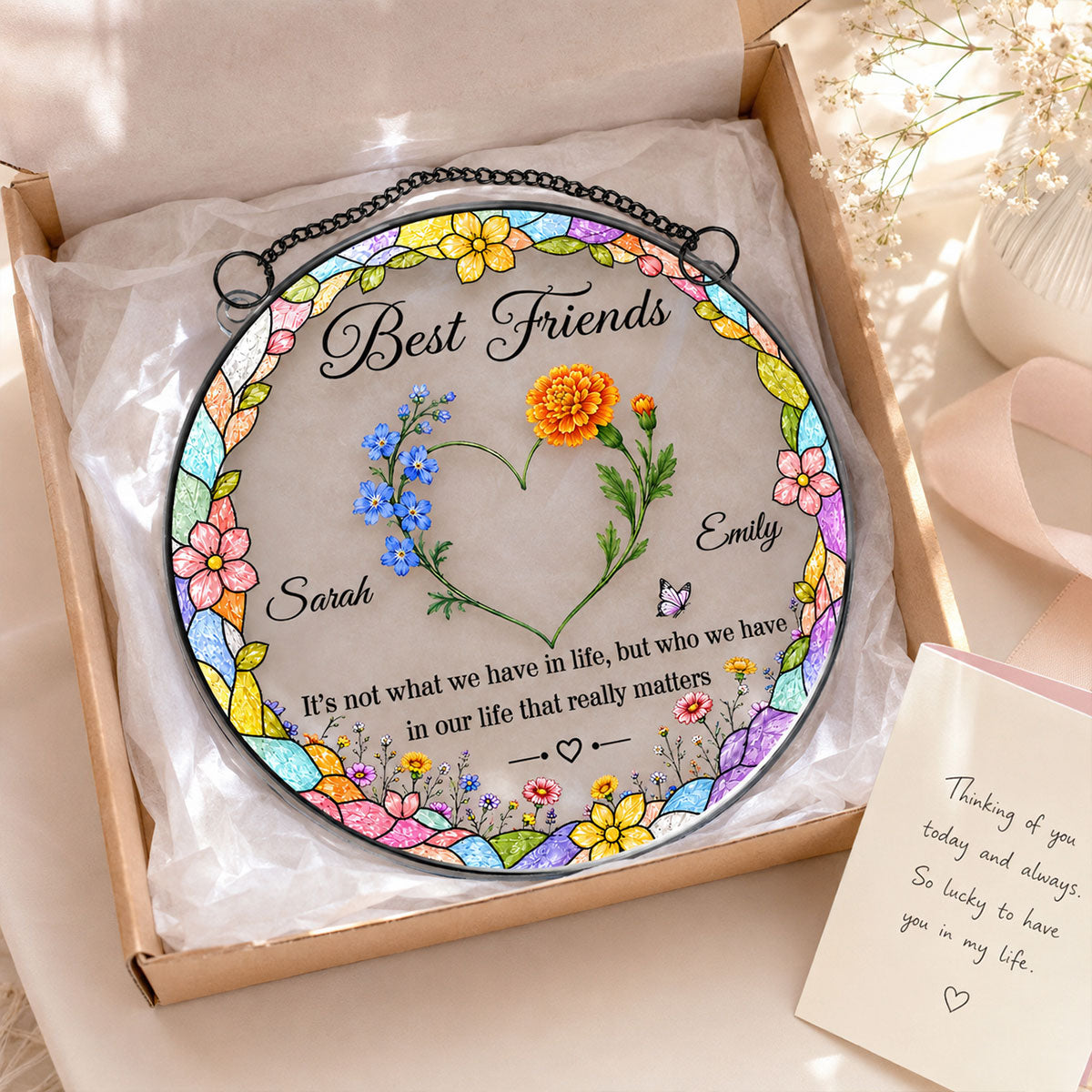 Best Friends Birth Month Flowers Heart Shaped - Personalized Acrylic Window Hanging - Friendship Gift for Besties