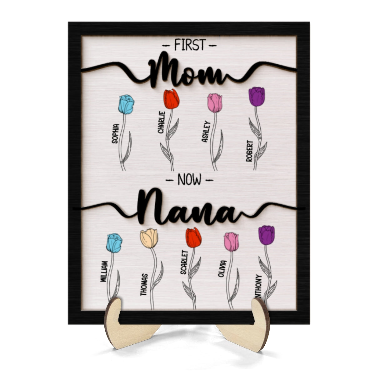 First Mom Now Grandma Tulip Flowers Gift For Grandma Personalized 2-Layer Wooden Plaque