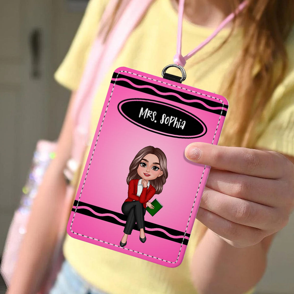 Crayon Themed Teacher Sitting Personalized ID Badge Holder, Back To School Gift