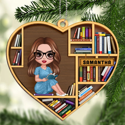 Bookshelf Book Lover Book Worm Personalized Christmas Wooden Ornament