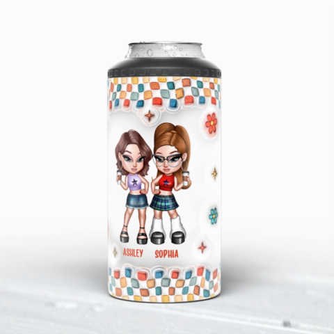 Summer Y2K Besties 3D Inflated Effect Print Personalized 4 In 1 Can Cooler, Gift For Besties