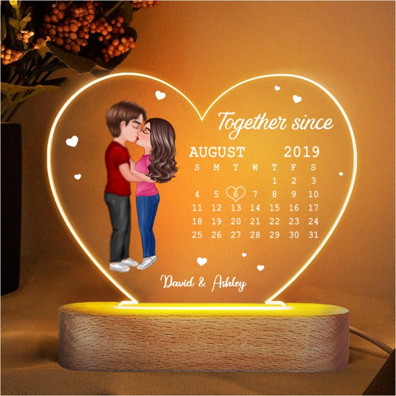 Doll Couple Kissing Together Since Anniversary Date Calendar Personalized Acrylic Heart Plaque With LED Night Light