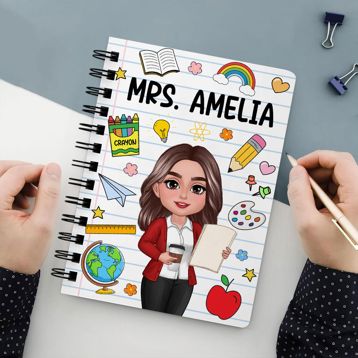 School Things Notebook Page Teacher Name Personalized Spiral Notebook Journal, Back To School Stationery