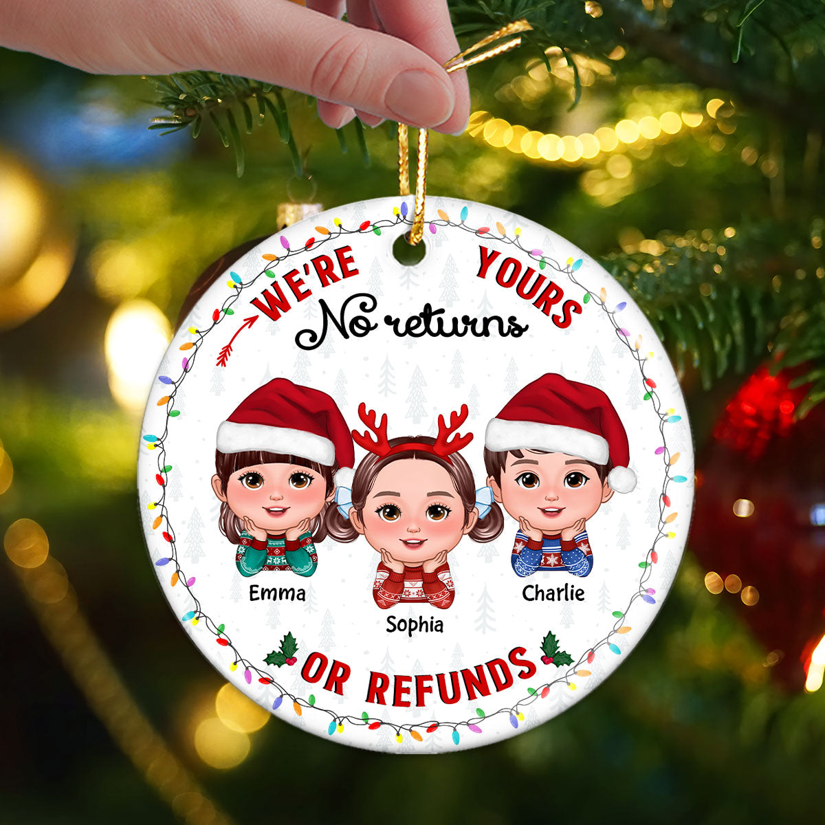 No Returns Or Refunds Grandkids Christmas Light Frame Personalized Circle Ceramic Ornament