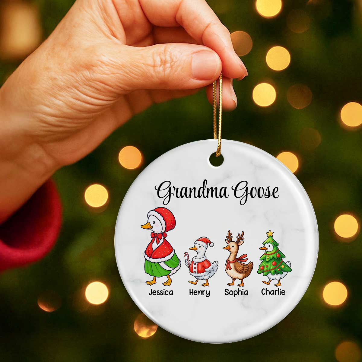 Cute Grandma Goose And Kids Personalized Circle Ceramic Ornament