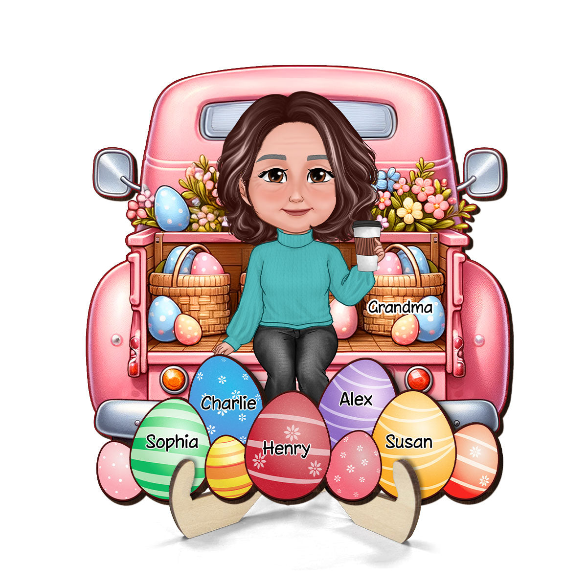 Easter Mom Grandma Sitting On Truck Eggs Grandkids Names Personalized 2-Layer Wooden Plaque