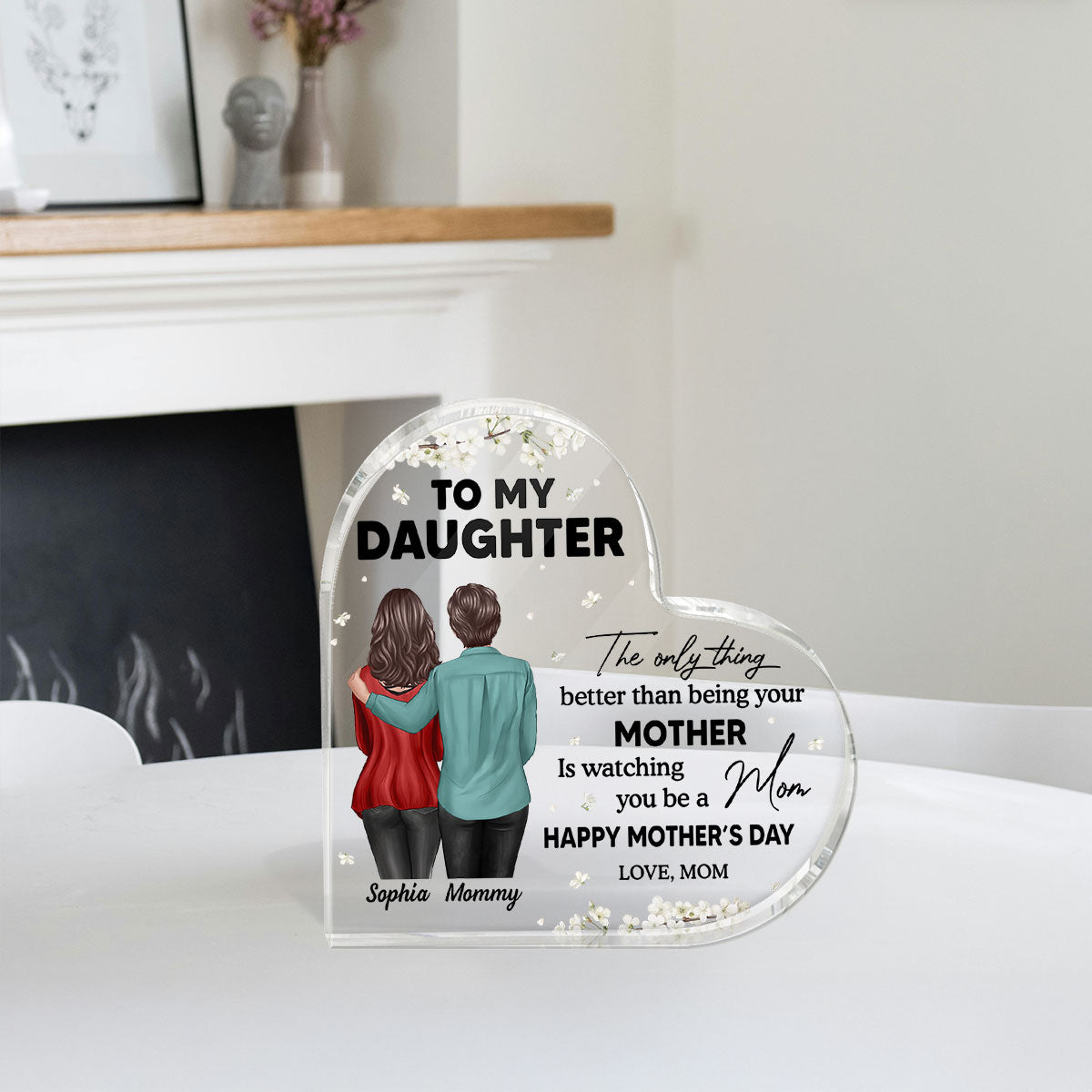 To My Daughter From Mom Happy Mother's Day Floral Personalized Heart Acrylic Block Plaque, Gift For Daughter