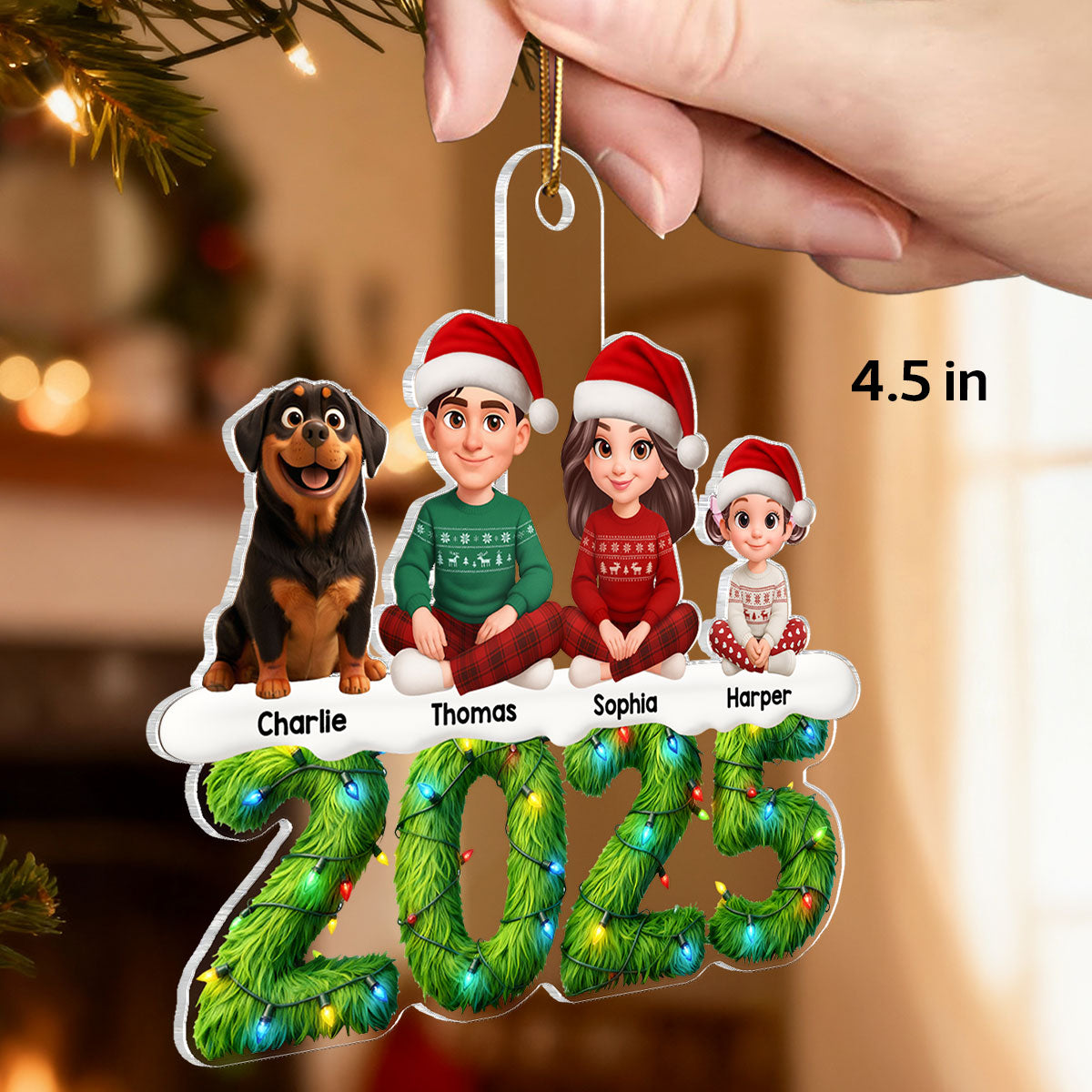 3D Effect Festive Christmas Green Pattern Beautiful Family Together - Personalized Acrylic Ornament