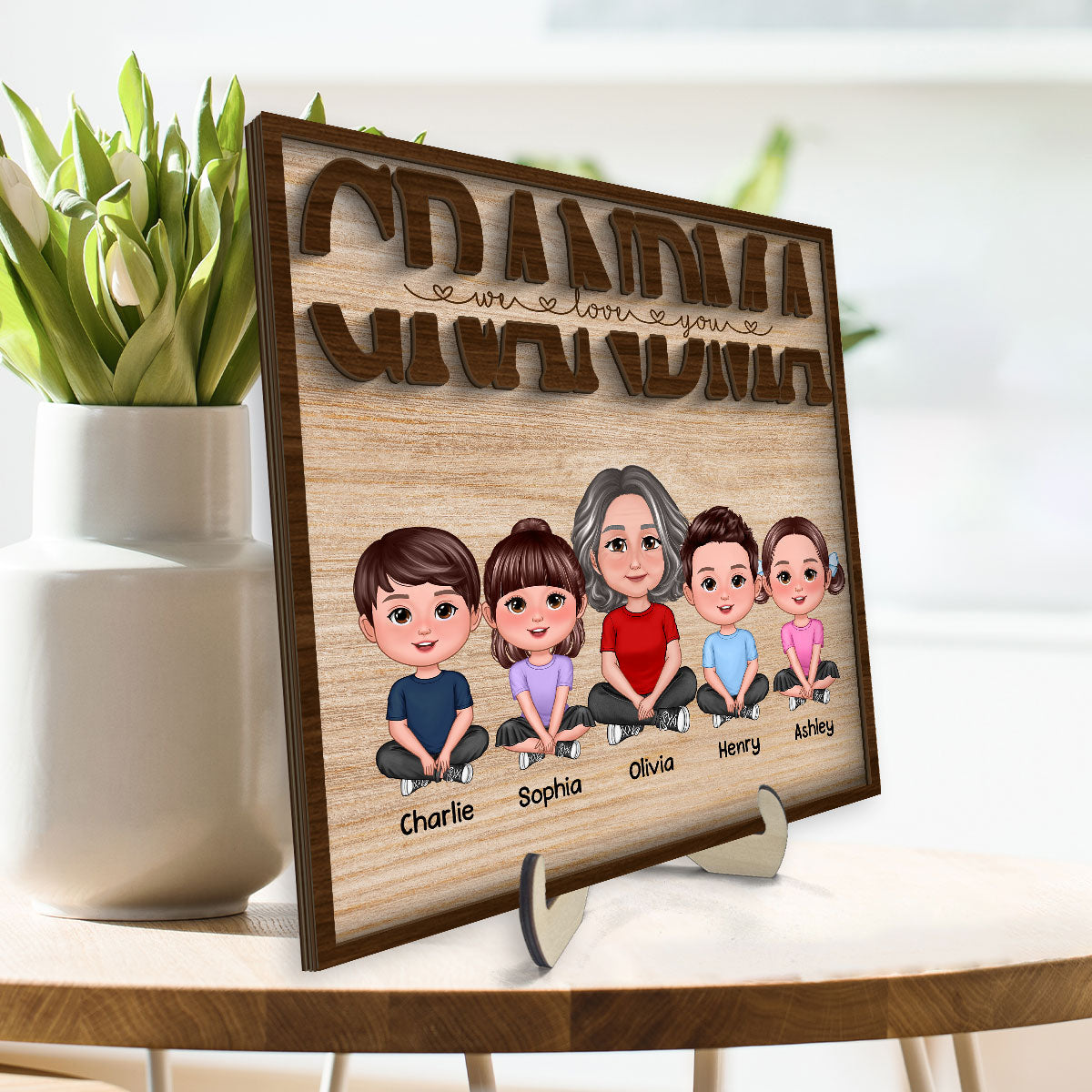 We Love You Grandma Mom Auntie Kids Sitting Mother‘s Day Gift Personalized 2-Layer Wooden Plaque