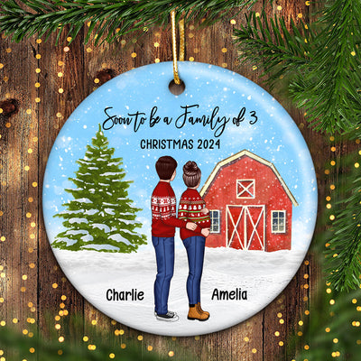 Family Pregnancy Christmas Ornament, Expecting Pregnancy announcement, Red Barn, Personalized Circle Ceramic Ornament