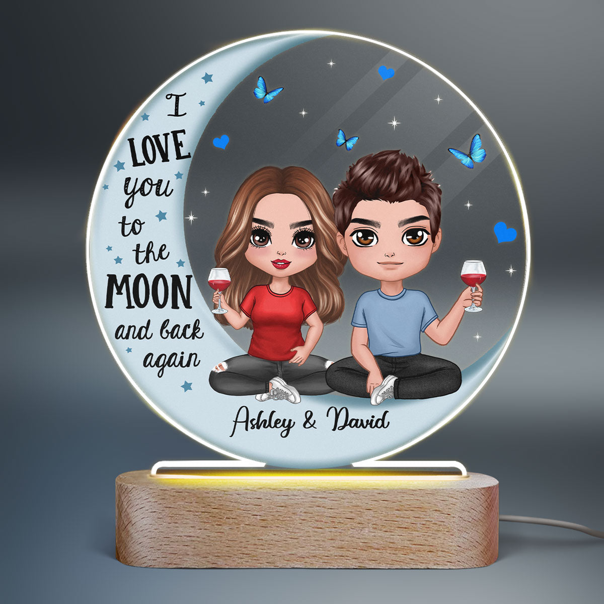 Couple Blue Moon Personalized Circle Plaque LED Night Light - Acrylic LED Lamp - Valentine‘s Day Gift For Him, Gift For Her