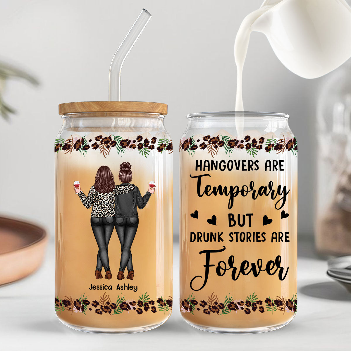 Leopard Back View Besties Personalized Clear Glass Can