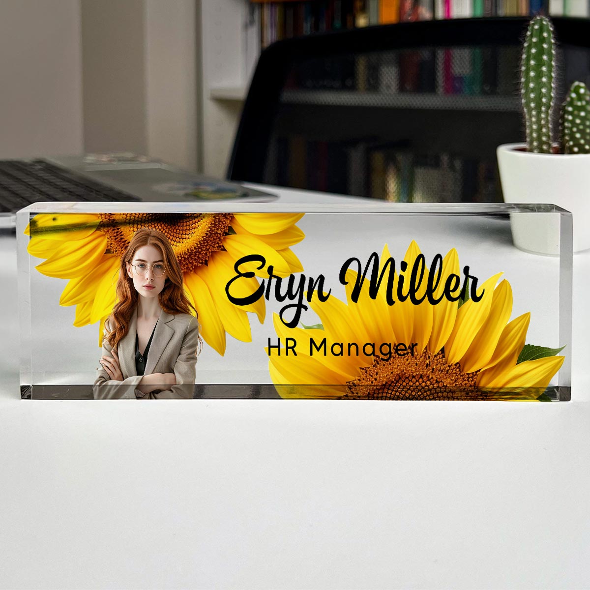 Upload Photo Daisy Flowers Blank Personalized Acrylic Desk Name Plate, Gift For Colleagues, Coworkers, Boss, Nurses, Doctors