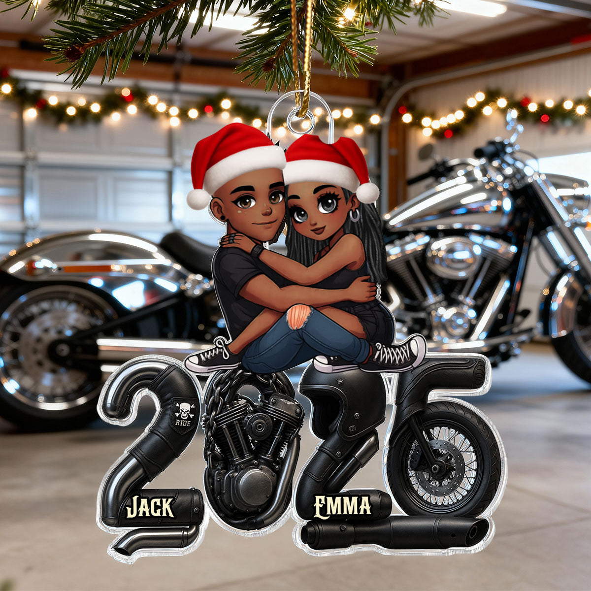 3D Effect Biker Couple- Personalized Acrylic Car Hanger- Gift For Bikers, Gift For Him, For Her