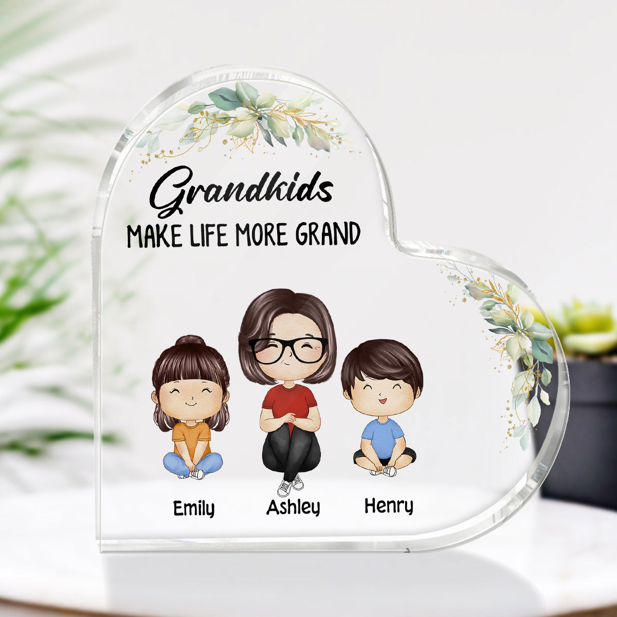Grandkids Make Life More Grand Watercolor Grandma Personalized Acrylic Heart Plaque