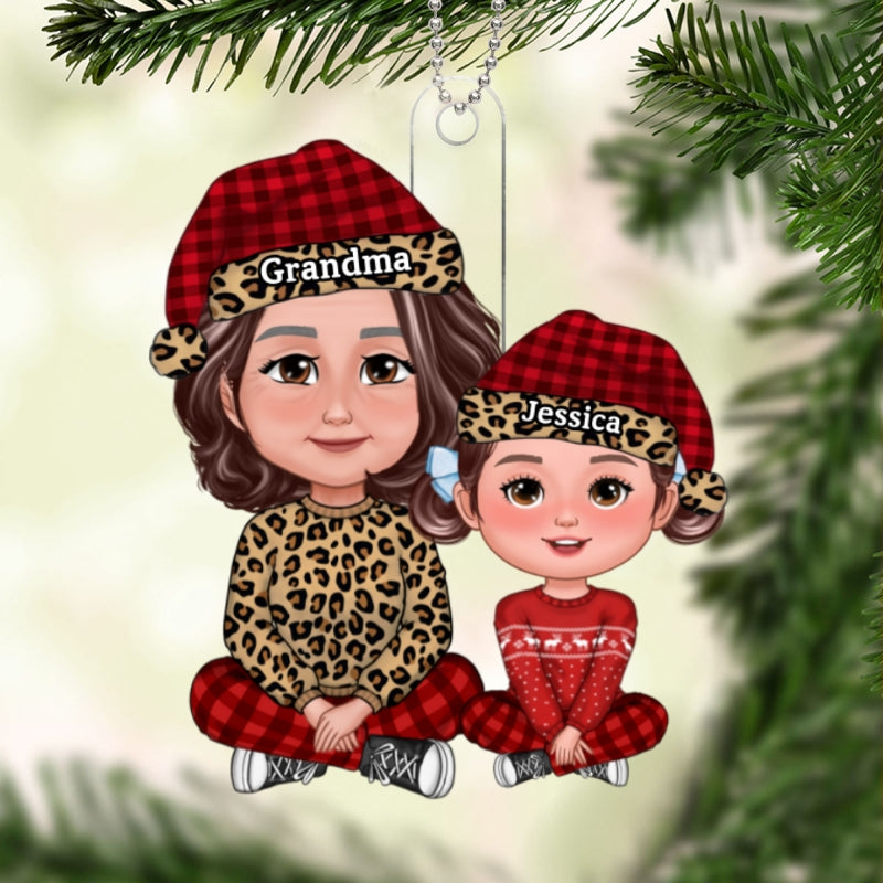Leopard Checkered Grandma Grandkid Crossed Legs Christmas Gift For Granddaughter Grandson Personalized Acrylic Ornament