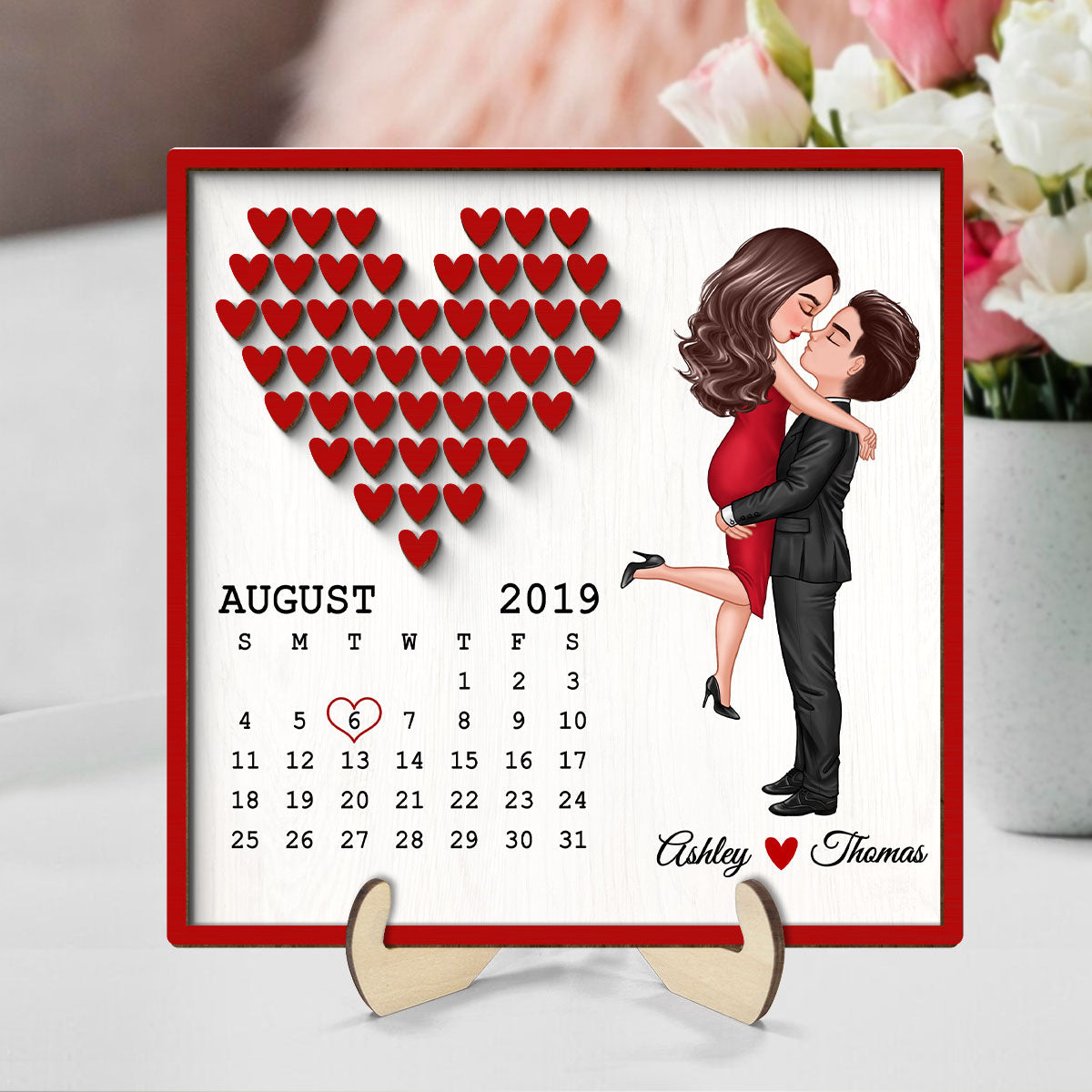 Doll Couple Hugging Kissing Calendar Anniversary Date Gift For Him Gift For Her Hearts Personalized 2-Layer Wooden Plaque