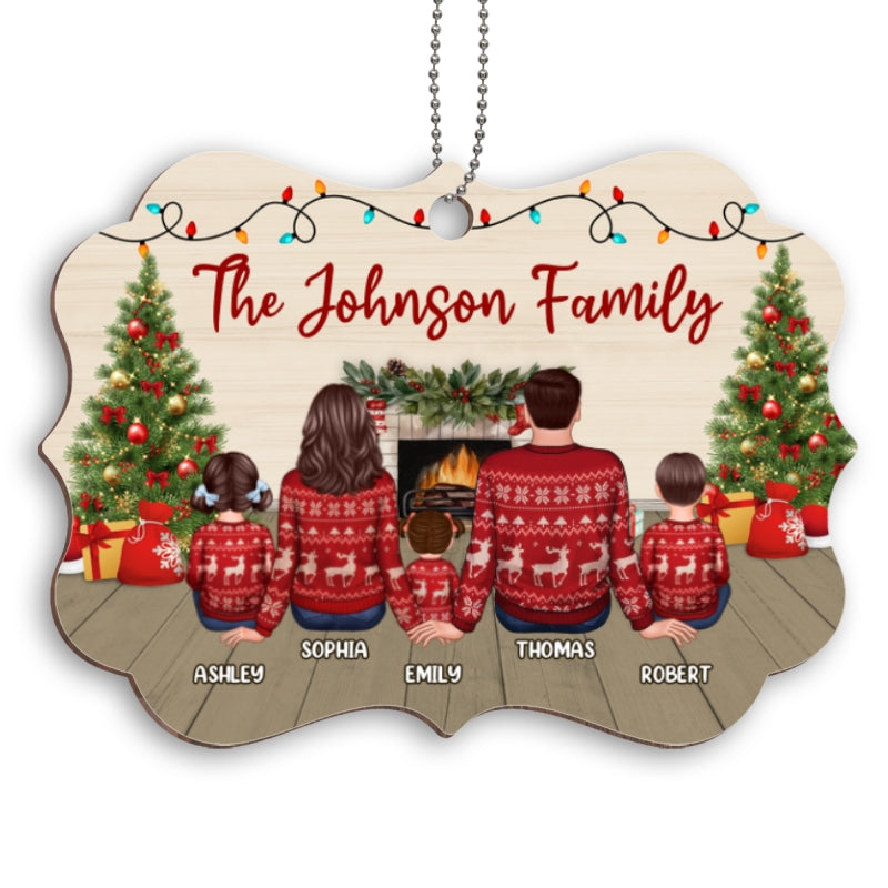 Family At Fireplace Christmas Ugly Sweater Personalized Wooden Ornament
