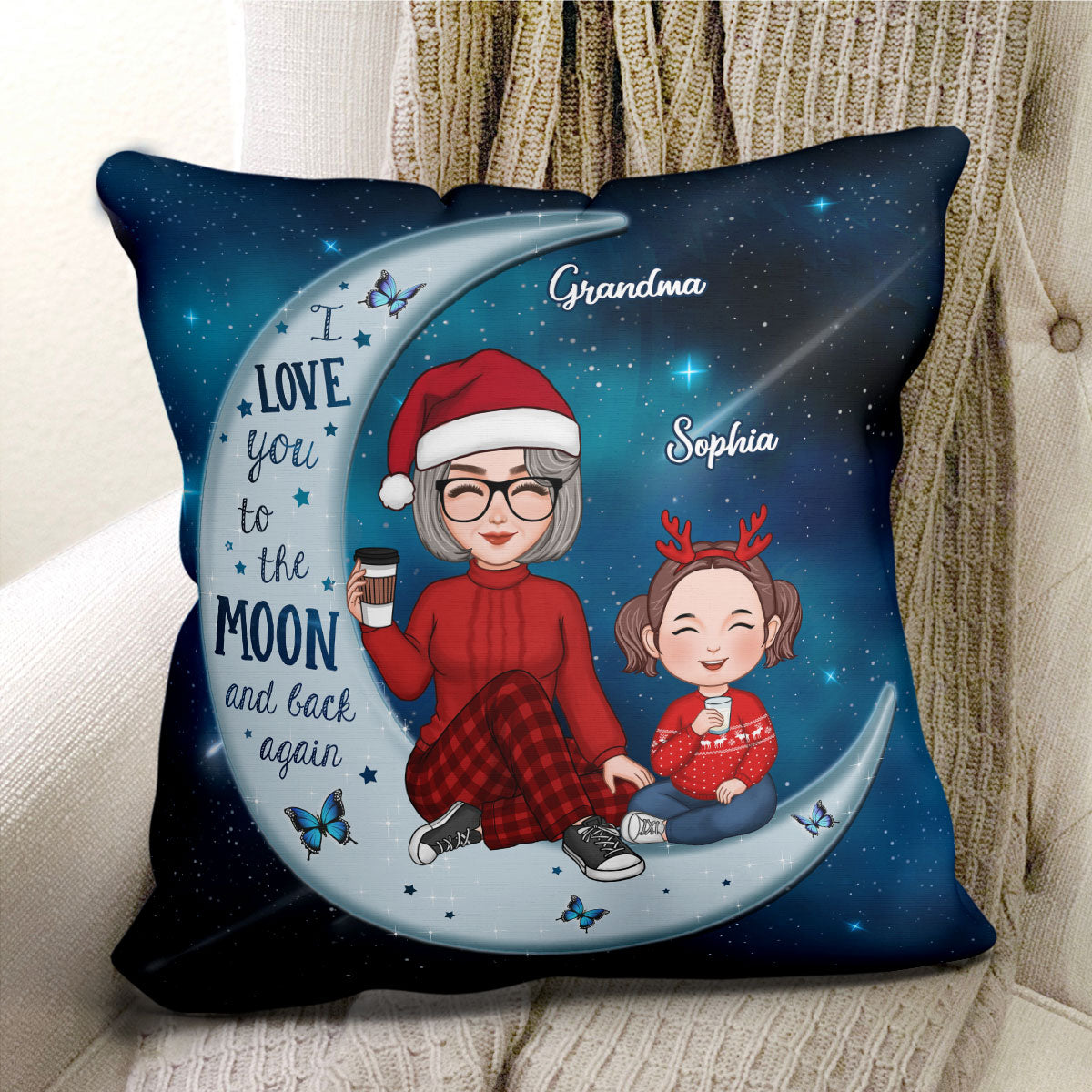 Cute Grandma & Grandkid On Moon Christmas Gift For Grandson Granddaughter Personalized Pillow
