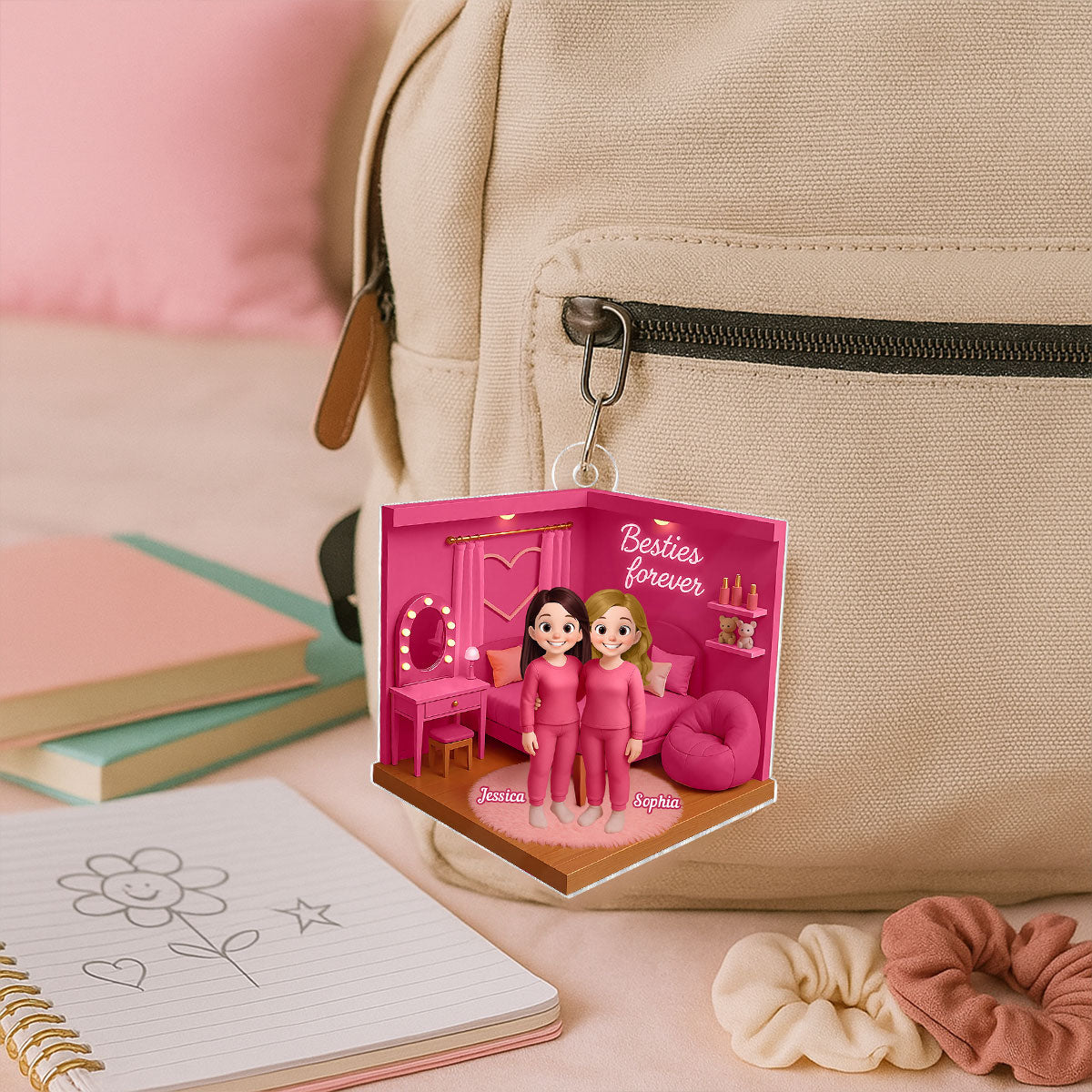 3D Effect Besties Pink Tone Diorama Dream Dollhouse Personalized Flat Acrylic Ornament, Keepsake