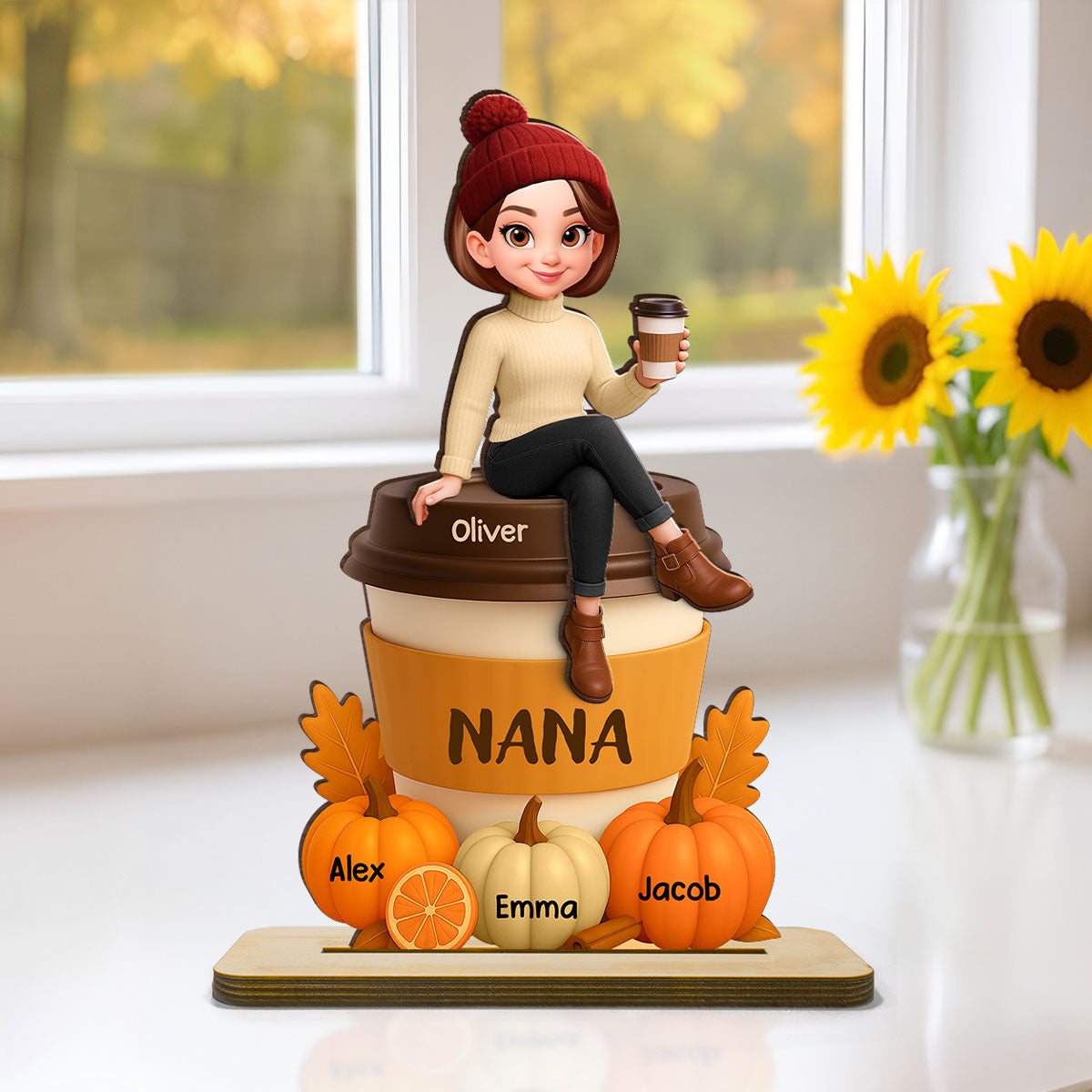 Grandma Mom Sitting On Pumpkin Spice Latte Grandkids Names Personalized 2-Layer Standing Wooden Plaque, Fall Season Decoration