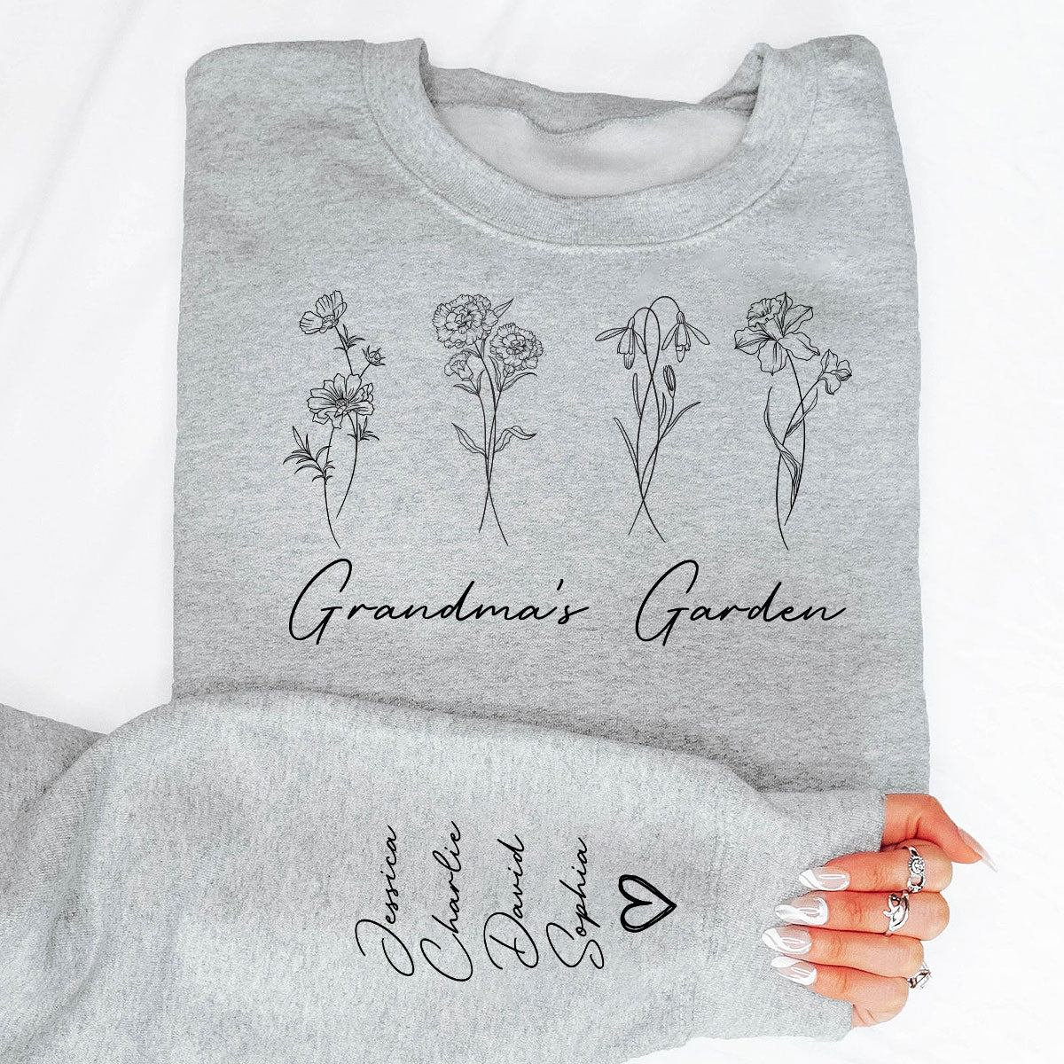 Outline Birth Month Flowers Personalized Sleeve Printed Sweatshirt, Gift For Mom Grandma Aunt