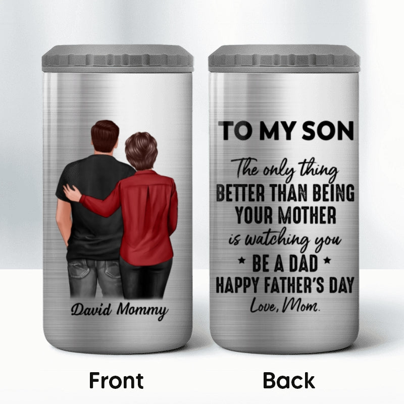 To My Son From Mom Happy Father‘s Day Back View Personalized 4 In 1 Can Cooler