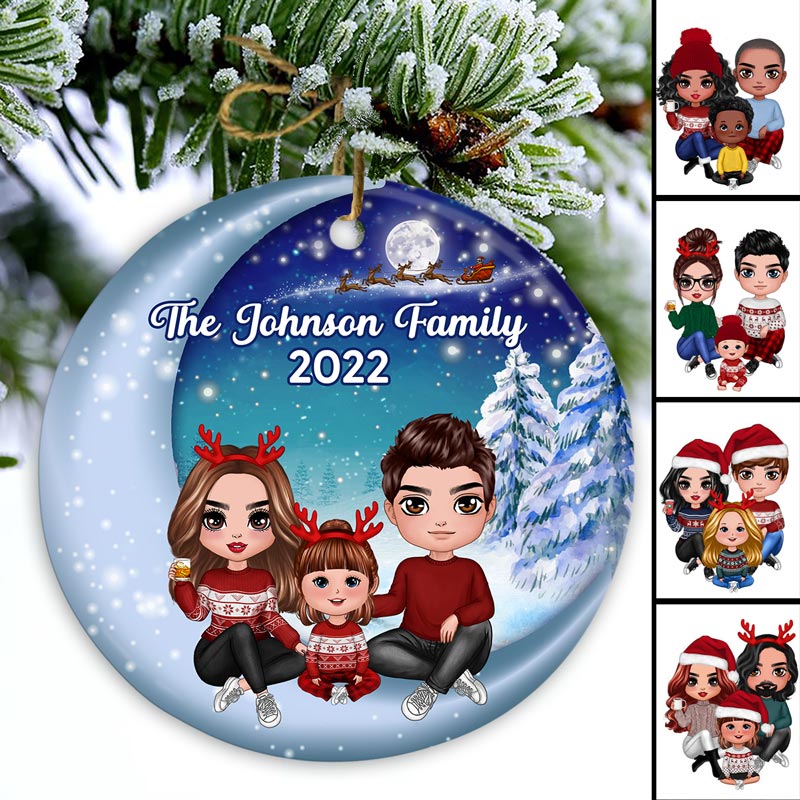 Family Sitting On Moon Winter Personalized Christmas Circle Ornament