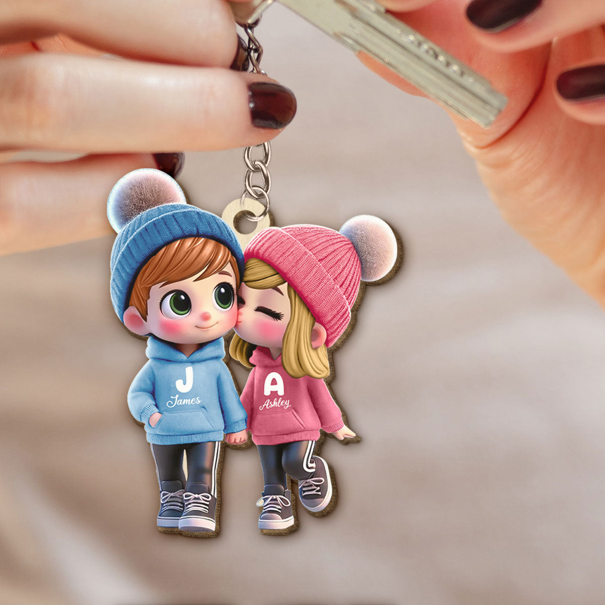 3D Effect Cute Cartoon Couple Walking Personalized Wooden Keychain,  Gift for Him, Gift for Her