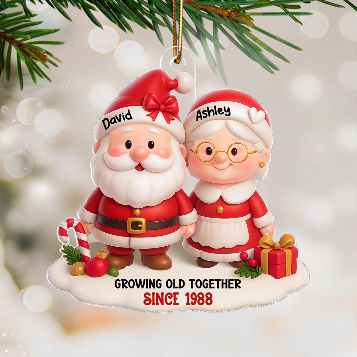 Santa Couple Growing Old Together - Personalized Acrylic Ornament - Gift for Him, Gift for Her
