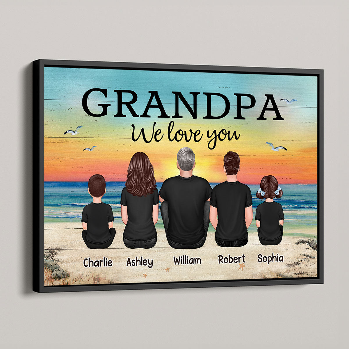 Grandpa And Grandsons Granddaughters Retro Vintage Beach Landscape Personalized Poster| Heartfelt Father's Day Gift For Grandpa From Grandkids