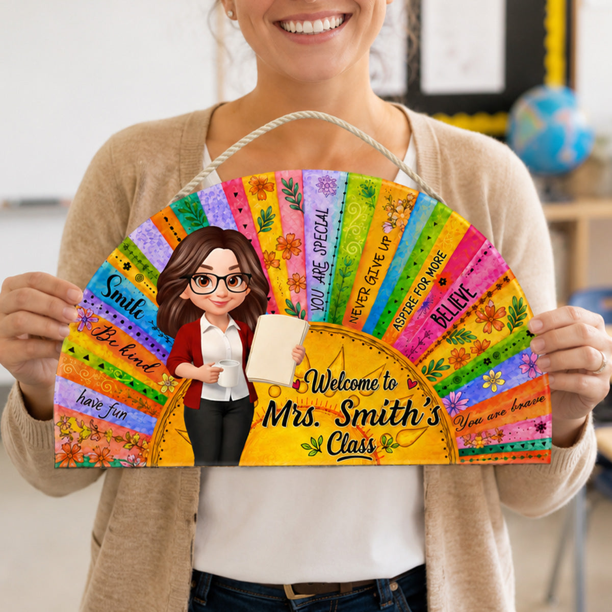 Welcome To Teacher Classroom Boho Sun Colorful Message - Personalized Door Hanger Sign - Back To School Gift For Teacher
