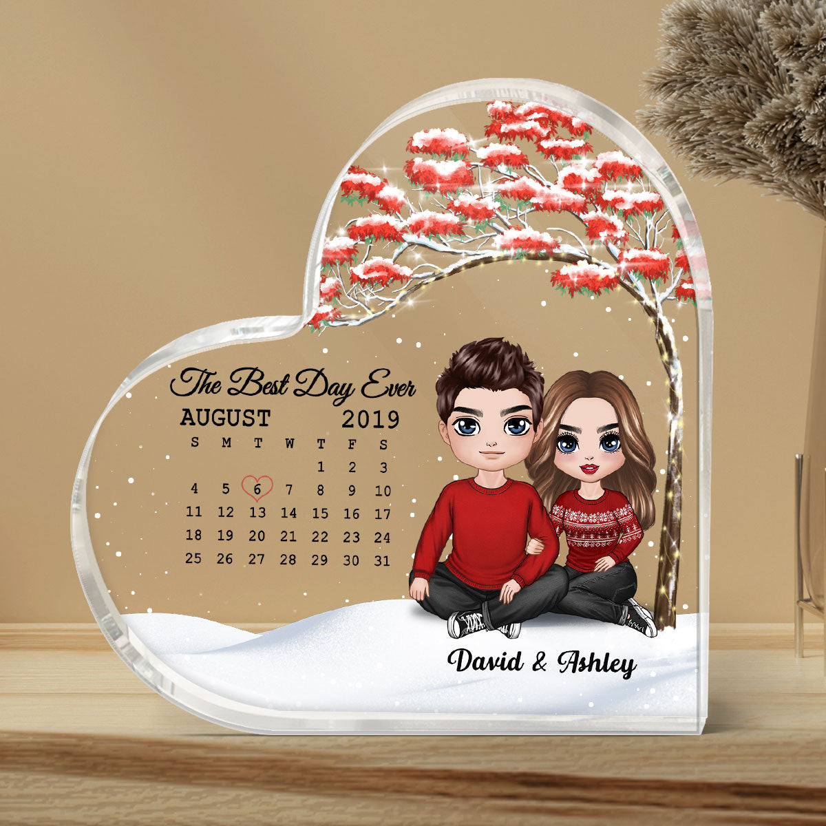Embracing Doll Couple Sitting Under Red Tree Calendar Anniversary Date Personalized Heart Acrylic Plaque