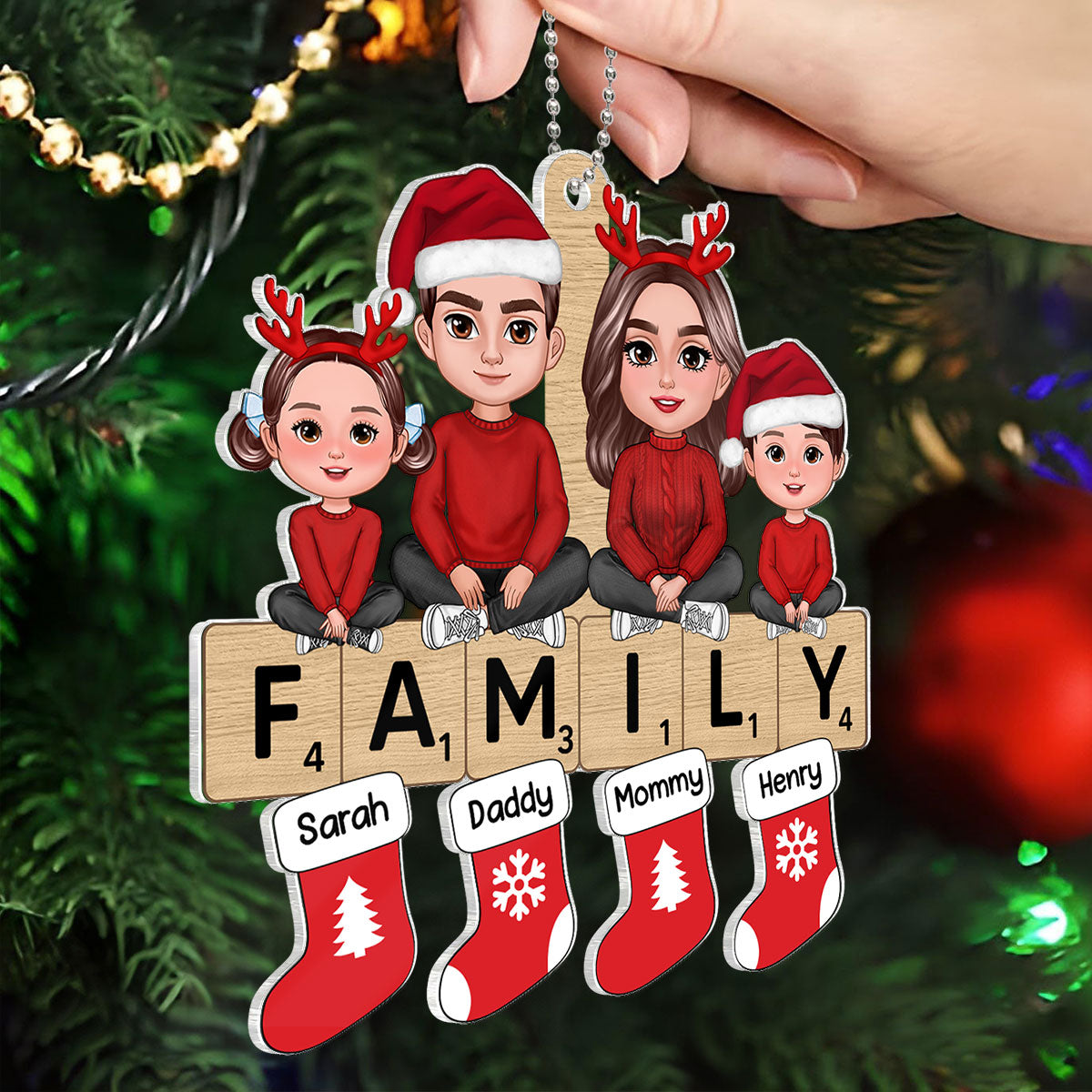 Doll Family Sisting On Word Puzzle Personalized Acrylic Ornament, Christmas Decoration