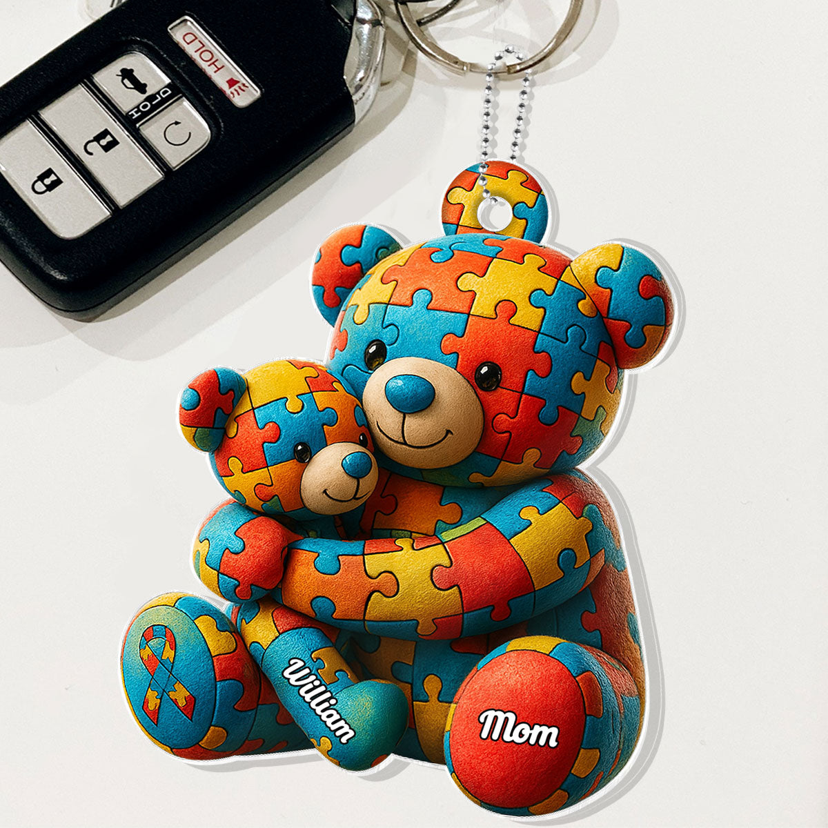 Autism Bear Mom & Kid Autism Awareness Personalized Car Hanger Ornament
