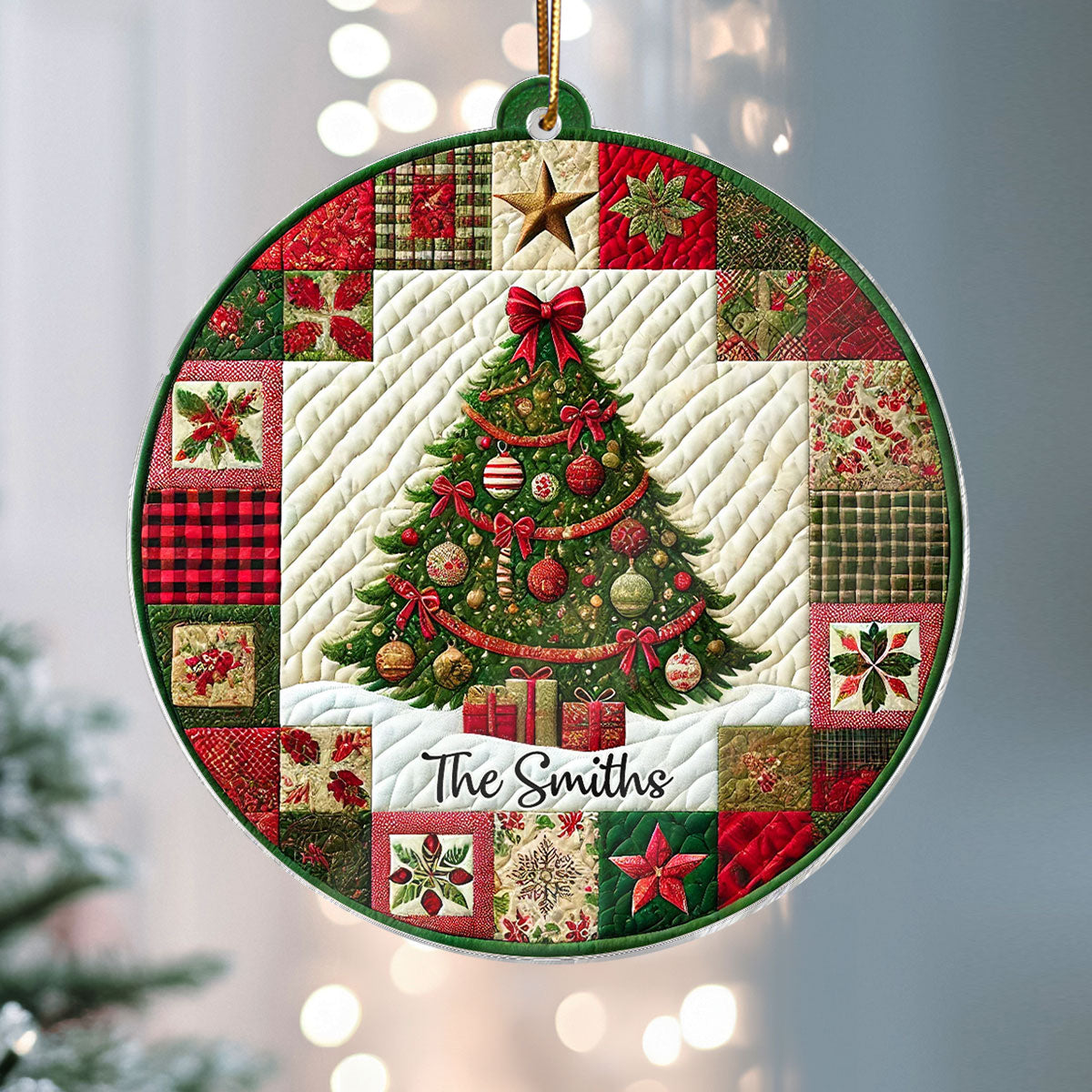 3D Effect Quilting Patchwork Fabric Patterns Christmas Tree Family Name Christmas Personalized Acrylic Ornament