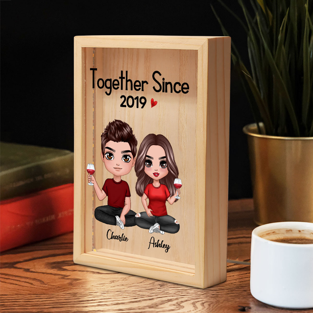 Doll Couple Sitting Gift For Him Gift For Her Personalized Wooden Frame Light Box
