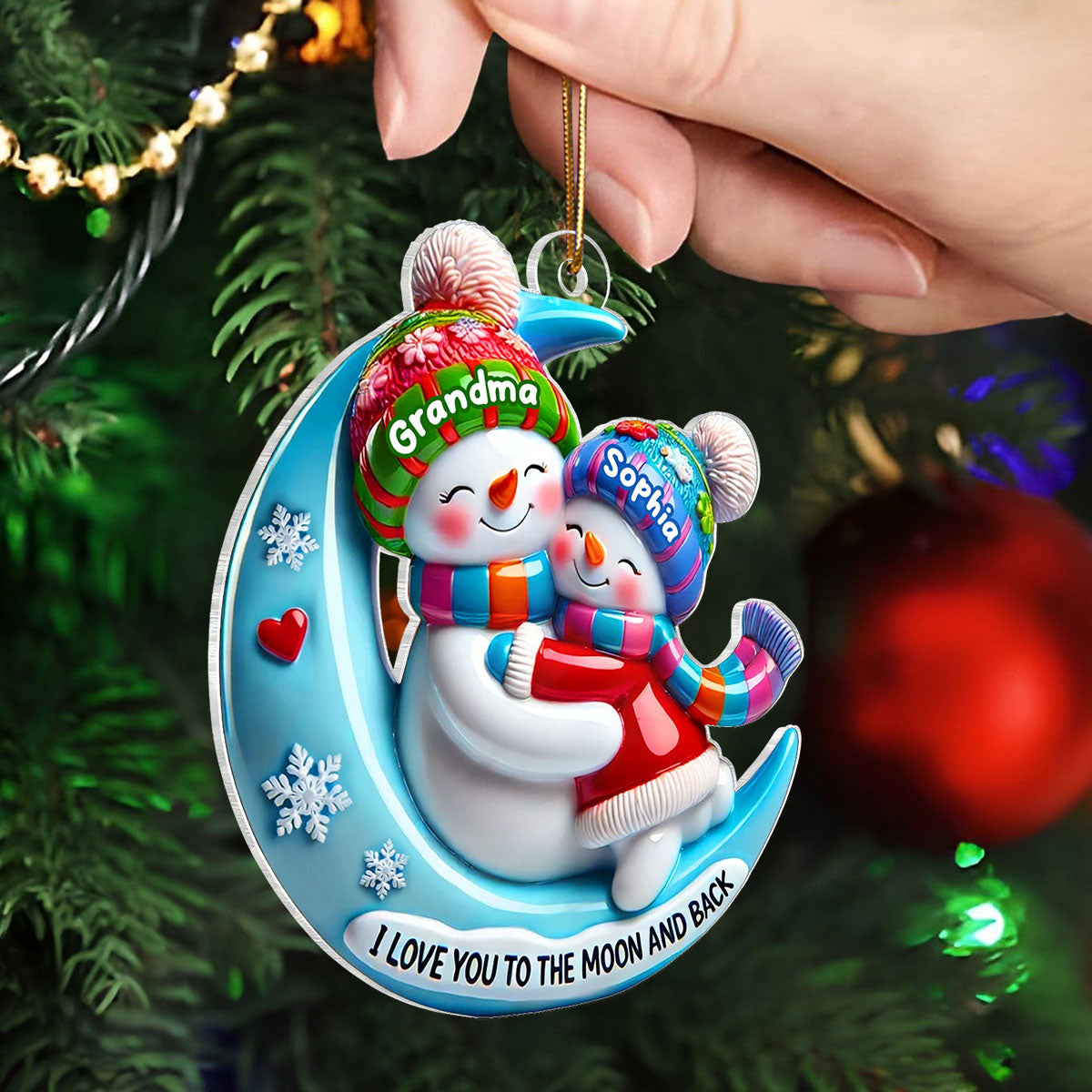 3D Effect Blue Moon Grandma Hugging Grandkid On The Moon Personalized Acrylic Ornament, Christmas Gift For Granddaughter, Grandson