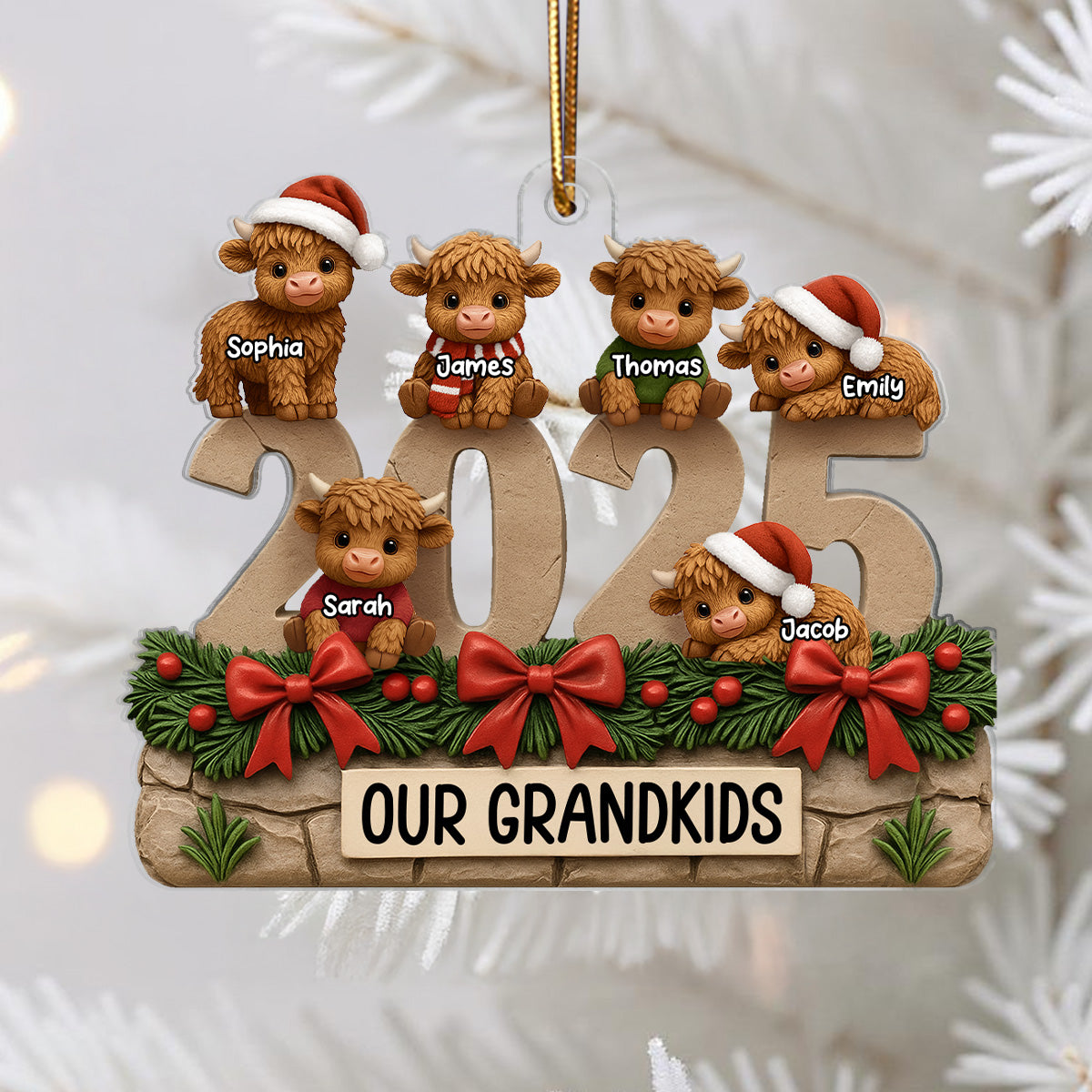 3D Effect Christmas Highland Cows Our Grandkids - Personalized Acrylic Ornament - Gift For Grandparents, Grandkids